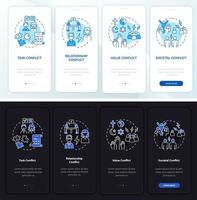 conflictos al incorporar la pantalla de la página de la aplicación móvil. Tutorial de relaciones de trabajo Instrucciones gráficas de 4 pasos con conceptos. ui, ux, plantilla de vector de interfaz gráfica de usuario con ilustraciones lineales en modo día y noche