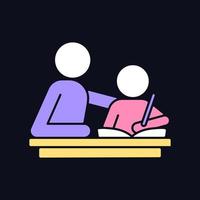 Helping with homework RGB color icon for dark theme. Encouraging child to study. Parental involvement. Isolated vector illustration on night mode background. Simple filled line drawing on black