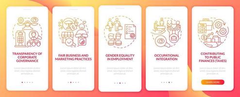 CSR matters red gradient onboarding mobile app page screen. Corporate liability walkthrough 5 steps graphic instructions with concepts. UI, UX, GUI vector template with linear color illustrations