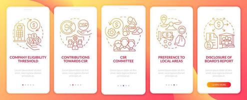 CSR basics red gradient onboarding mobile app page screen. Company liability walkthrough 5 steps graphic instructions with concepts. UI, UX, GUI vector template with linear color illustrations