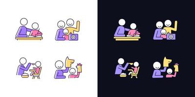 Effective parenting style light and dark theme RGB color icons set. Helping with homework. Family portrait. Isolated vector illustrations on white and black space. Simple filled line drawings pack