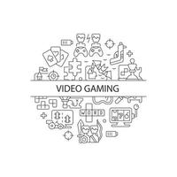 Video game abstract linear concept layout with headline. Gamers and players console fun. Playing console minimalistic idea. Thin line graphic drawings. Isolated vector contour icons for background