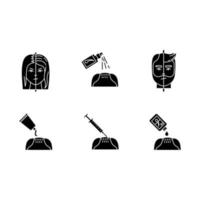 Hair loss black glyph icons set on white space. Male alopecia. Female balding. Haircare, dermatology treatment. Products for hairloss. Medical spray. Silhouette symbols. Vector isolated illustration