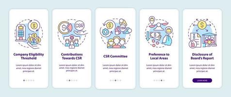 csr basics onboarding mobile app page screen. Tutorial de responsabilidad social corporativa Instrucciones gráficas de 5 pasos con conceptos. ui, ux, plantilla de vector de interfaz gráfica de usuario con ilustraciones en color lineal