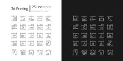 3d printing technology linear icons set for dark and light mode. Creating three dimensional objects. Customizable thin line symbols. Isolated vector outline illustrations. Editable stroke