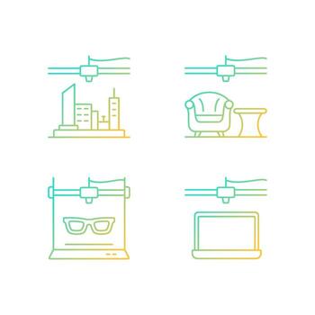 Three dimensional objects production gradient linear vector icons set. 3d city model. Furniture and music industry. Thin line contour symbols bundle. Isolated outline illustrations collection