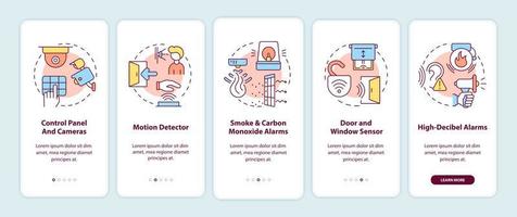 Home security system onboarding mobile app page screen. Detectors and alarms walkthrough 5 steps graphic instructions with concepts. UI, UX, GUI vector template with linear color illustrations