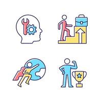 Motivation at work RGB color icons set. Competence and attitude motivation. Desire to lead people. Dream of job promotion. Isolated vector illustrations. Simple filled line drawings collection