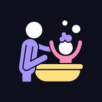 Bathing child RGB color icon for dark theme. Providing secure feeling. Skin-to-skin contact. Bathtime bond. Isolated vector illustration on night mode background. Simple filled line drawing on black