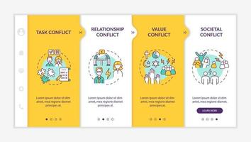 Different conflicts onboarding vector template. Responsive mobile website with icons. Web page walkthrough 4 step screens. Communication issues color concept with linear illustrations