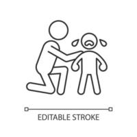 Comforting crying child linear icon. Cuddling and softly talking to kid. Show empathy. Thin line customizable illustration. Contour symbol. Vector isolated outline drawing. Editable stroke