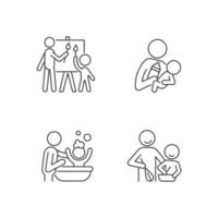 Conjunto de iconos lineales de vinculación entre padres e hijos. pintando juntos. la alimentación con biberón. niño bañándose. clase de cocina. símbolos de contorno de línea fina personalizables. ilustraciones de contorno de vector aislado. trazo editable