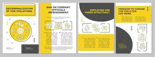 Decriminalization of CSR violations yellow brochure template. Flyer, booklet, leaflet print, cover design with linear icons. Vector layouts for presentation, annual reports, advertisement pages