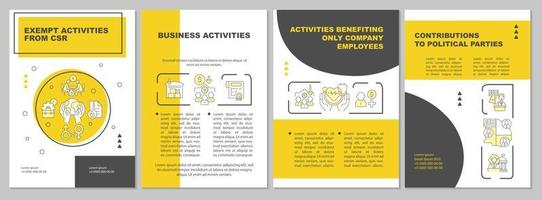 Corporate social responsibility activities yellow brochure template. Flyer, booklet, leaflet print, cover design with linear icons. Vector layouts for presentation, annual reports, advertisement pages