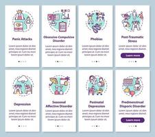 Mental disorders onboarding mobile app page screen with concepts. Psychological diseases walkthrough steps graphic instructions. Post traumatic stress. UI vector template with RGB color illustrations