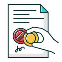 mano con icono de color de sello rgb. certificado. documento firmado ante notario. apostilla y legalización. validación. licencia. contrato. acuerdo legal. servicios notariales. ilustración vectorial aislada vector