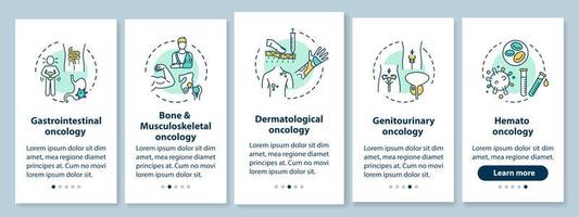 Oncology onboarding pantalla de la página de la aplicación móvil con conceptos. Tutorial de tratamiento de cáncer con instrucciones gráficas de cinco pasos. oncología gastrointestinal. plantilla de vector de interfaz de usuario con ilustraciones en color rgb