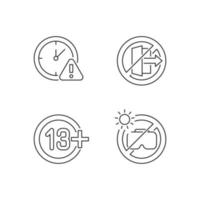 Vr headset usage prohibitions linear manual label icons set. Customizable thin line contour symbols. Isolated vector outline illustrations for product use instructions. Editable stroke