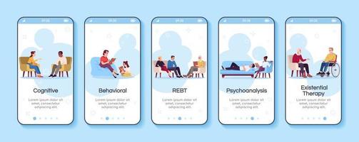 Psychology consultation onboarding mobile app screen vector template. Cognitive, behavioral therapy. Walkthrough website steps with flat characters. UX, UI, GUI smartphone cartoon interface concept