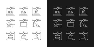 Additive manufacturing linear icons set for dark and light mode. Producing 3d models. Printed prosthetics. Customizable thin line symbols. Isolated vector outline illustrations. Editable stroke