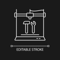 3d printed tools white linear icon for dark theme. Additive manufacturing technology. Thin line customizable illustration. Isolated vector contour symbol for night mode. Editable stroke