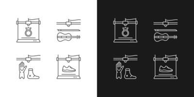 Building 3d objects process linear icons set for dark and light mode. Jewelry production. Artificial limbs. Customizable thin line symbols. Isolated vector outline illustrations. Editable stroke