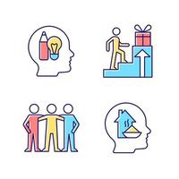 Motivational boosters RGB color icons set. Reward and affiliate motivation. Human basic needs. Desire to belong to community. Isolated vector illustrations. Simple filled line drawings collection