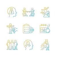 Motivation stimulus gradient linear vector icons set. Money reward. Positive dynamics. Team member. Goal achievement. Thin line contour symbols bundle. Isolated outline illustrations collection