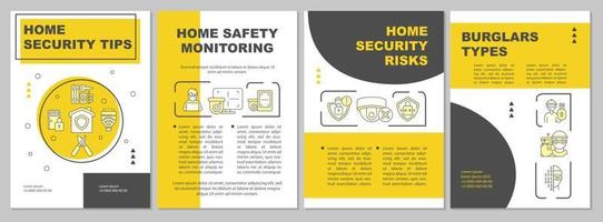 Plantilla de folleto amarillo de consejos de seguridad para el hogar. sistema de protección. folleto, folleto, impresión de folletos, diseño de portada con iconos lineales. diseños vectoriales para presentaciones, informes anuales, páginas publicitarias vector