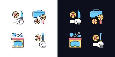 VR helmet usage guide light and dark theme RGB color manual label icons set. Isolated vector illustrations on white and black space. Simple filled line drawings pack for product use instructions