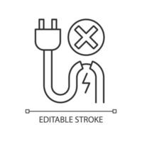 No lo use cuando el cable esté dañado. Icono de etiqueta manual lineal. Ilustración personalizable de línea fina. símbolo de contorno. dibujo de contorno aislado vectorial para instrucciones de uso del producto. trazo editable vector