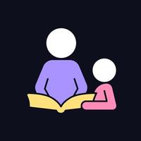 Reading book with child RGB color icon for dark theme. Spend time together. Cognitive development. Isolated vector illustration on night mode background. Simple filled line drawing on black