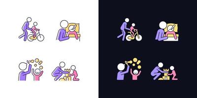 Good parenting light and dark theme RGB color icons set. Learning to ride bike. Blow bubbles together. Isolated vector illustrations on white and black space. Simple filled line drawings pack