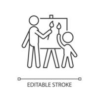 Painting with parent linear icon. Develop kid artistic skill. Exercising creativity. Art therapy. Thin line customizable illustration. Contour symbol. Vector isolated outline drawing. Editable stroke