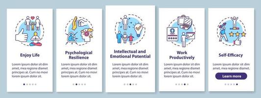 Mental health onboarding mobile app page screen with concepts. Psychological wellness walkthrough five steps graphic instructions. Work productively. UI vector template with RGB color illustrations