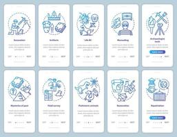 Archeology onboarding mobile app page screen vector template set. Search and protection fossil artifacts. Walkthrough website steps with linear illustrations. UX, UI, GUI smartphone interface concept