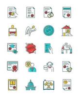Notary services RGB color icons set. Apostille and legalization. Notarized documents. Stamps. Legal paper. Notarization. Legislature. Certificate. License. Isolated vector illustrations