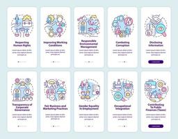CSR related onboarding mobile app page screen set. Rights at workplace walkthrough 5 steps graphic instructions with concepts. UI, UX, GUI vector template with linear color illustrations