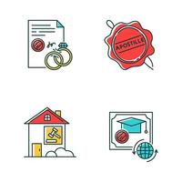 Notary services RGB color icons set. Apostille and legalization. Divorce. Diploma. Real estate litigation. Lease dipute. Wax seal. Notarized document. Isolated vector illustrations