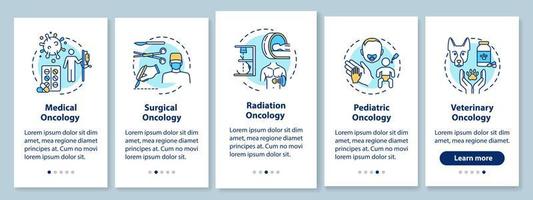 Oncology onboarding pantalla de la página de la aplicación móvil con conceptos. Tutorial de tratamiento de cáncer con instrucciones gráficas de cinco pasos. oncología médica y quirúrgica. plantilla de vector de interfaz de usuario con ilustraciones en color rgb