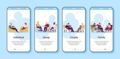 Psychology consultation onboarding mobile app screen vector template. Group, couple, family therapy. Walkthrough website steps with flat characters. UX, UI, GUI smartphone cartoon interface concept