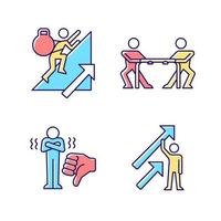 Motivation complications and results RGB color icons set. Positive dynamics. Persistence and competition. Facing criticism. Isolated vector illustrations. Simple filled line drawings collection