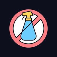 Do not use cleaning agents RGB color manual label icon for dark theme. Isolated vector illustration on night mode background. Simple filled line drawing on black for product use instructions