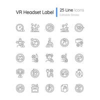 Conjunto de iconos de etiqueta manual lineal de uso de casco de realidad virtual. símbolos de contorno de línea fina personalizables. ilustraciones de contorno de vector aislado para instrucciones de uso del producto. trazo editable