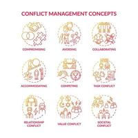 Conflict management red gradient concept icons set. Solving relationship issues. Work relations. Resolving team arguments idea thin line color illustrations. Vector isolated outline drawings