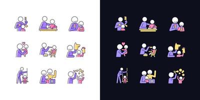 Bonding activity light and dark theme RGB color icons set. Braiding pigtails. Help with homework. Isolated vector illustrations on white and black space. Simple filled line drawings pack