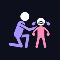 Comforting crying child RGB color icon for dark theme. Cuddling and softly talking to kid. Showing empathy. Isolated vector illustration on night mode background. Simple filled line drawing on black