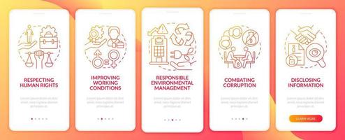 CSR issues red gradient onboarding mobile app page screen. Company responsibility walkthrough 5 steps graphic instructions with concepts. UI, UX, GUI vector template with linear color illustrations