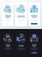 Team conflicts onboarding mobile app page screen. Work relations walkthrough 3 steps graphic instructions with concepts. UI, UX, GUI vector template with linear night and day mode illustrations