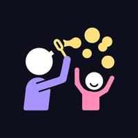 Blow bubbles together RGB color icon for dark theme. Parent-child bond. Spending time at park. Isolated vector illustration on night mode background. Simple filled line drawing on black